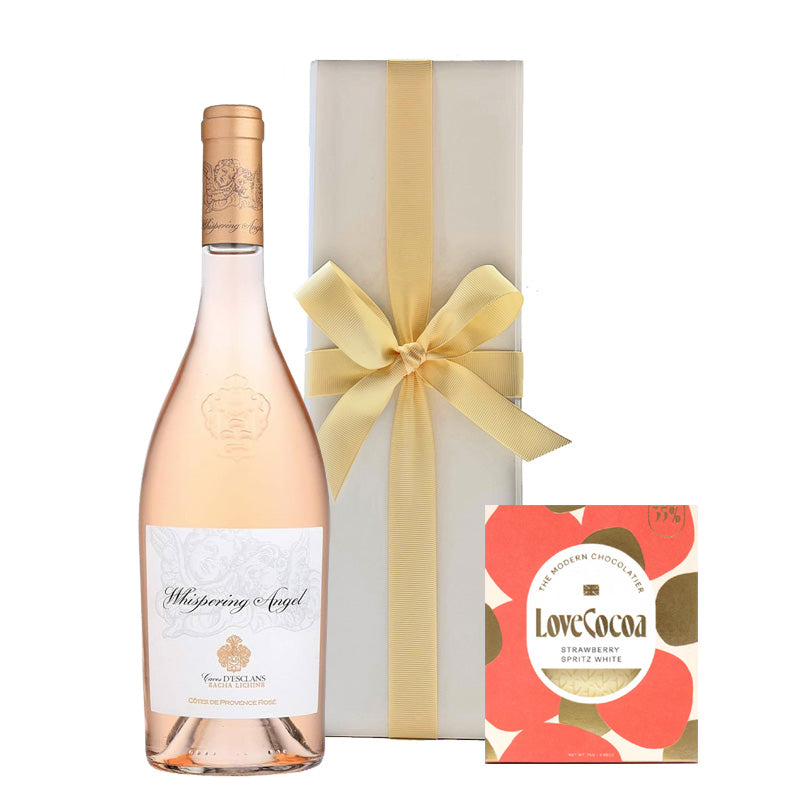 Whispering Angel in White Presentation Box - with Strawberries & Champagne White Chocolate Bar - The Fulham Wine Company